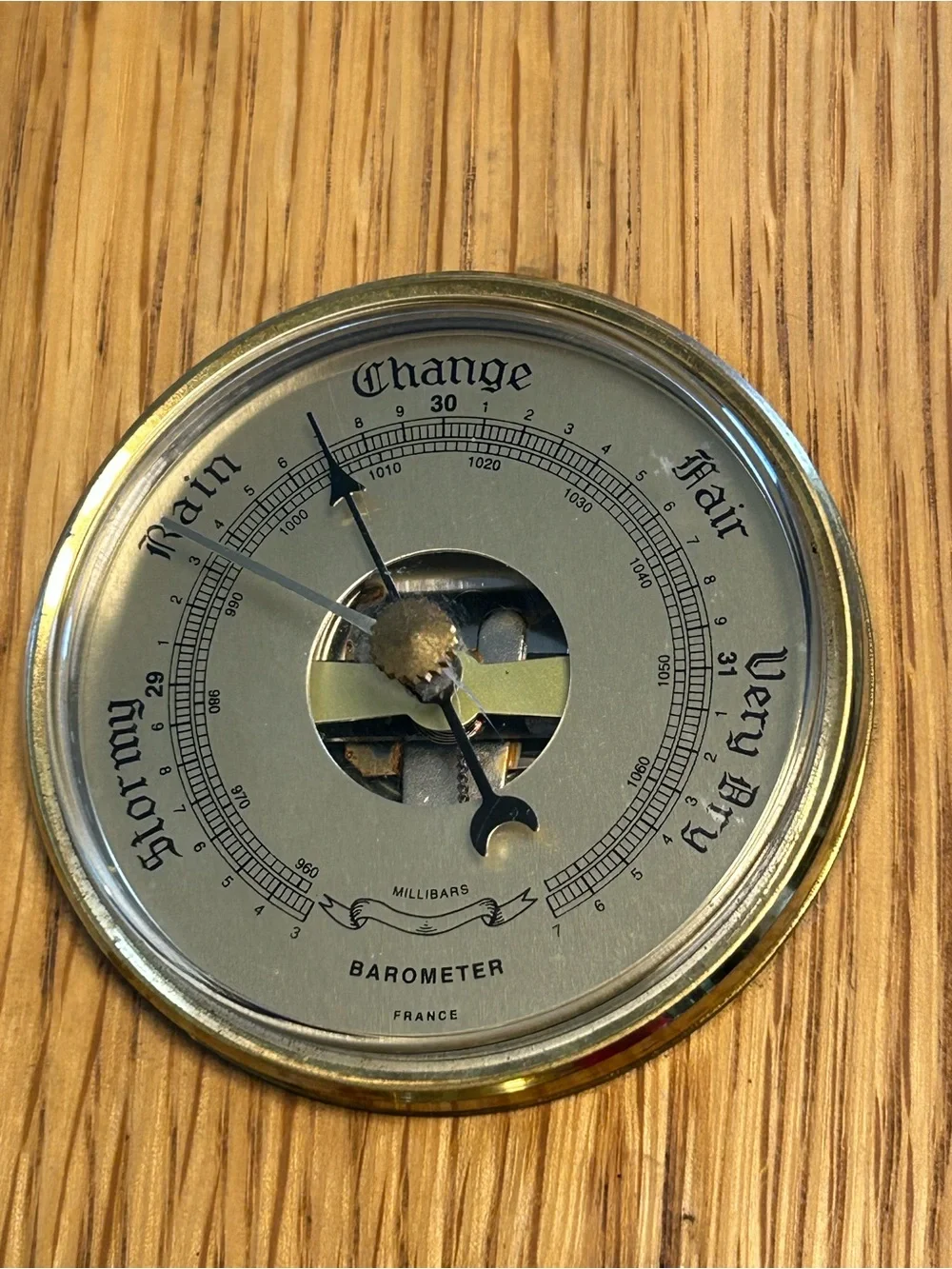 Vintage French 3 Dial Weather Station, Brass Indicators On Oak Mount